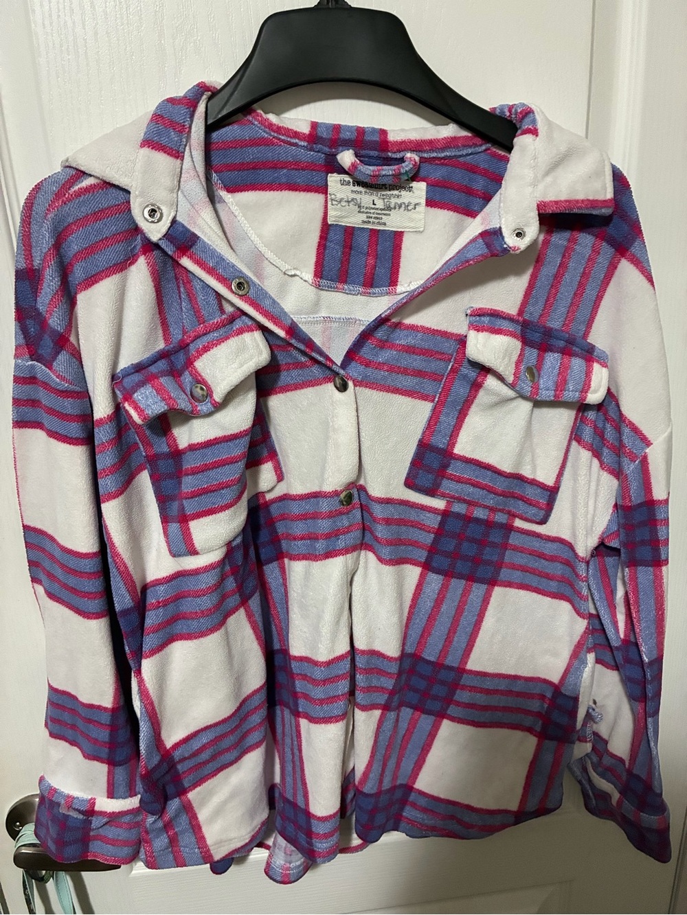 Womens White Plaid Hooded Button-Front Shirt Jacket with Pink & Purple Stripes